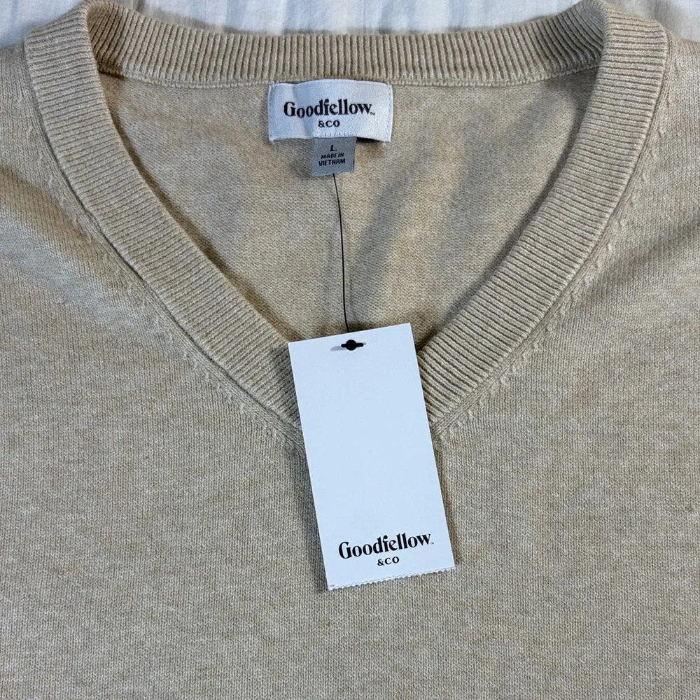 Men's Goodfellow‎ & Co Oatmeal Tan V-Neck Knit Sweater Vest Size L NWT